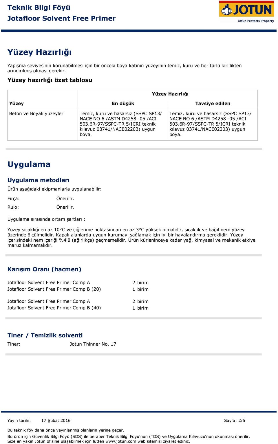 6R97/SSPCTR 5/ICRI teknik kılavuz 03741/NACE02203) uygun boya. Temiz, kuru ve hasarsız (SSPC SP13/ NACE NO 6 /ASTM D4258 05 /ACI 503.6R97/SSPCTR 5/ICRI teknik kılavuz 03741/NACE02203) uygun boya. Uygulama Uygulama metodları Ürün aşağıdaki ekipmanlarla uygulanabilir: Fırça: Rulo: Önerilir.