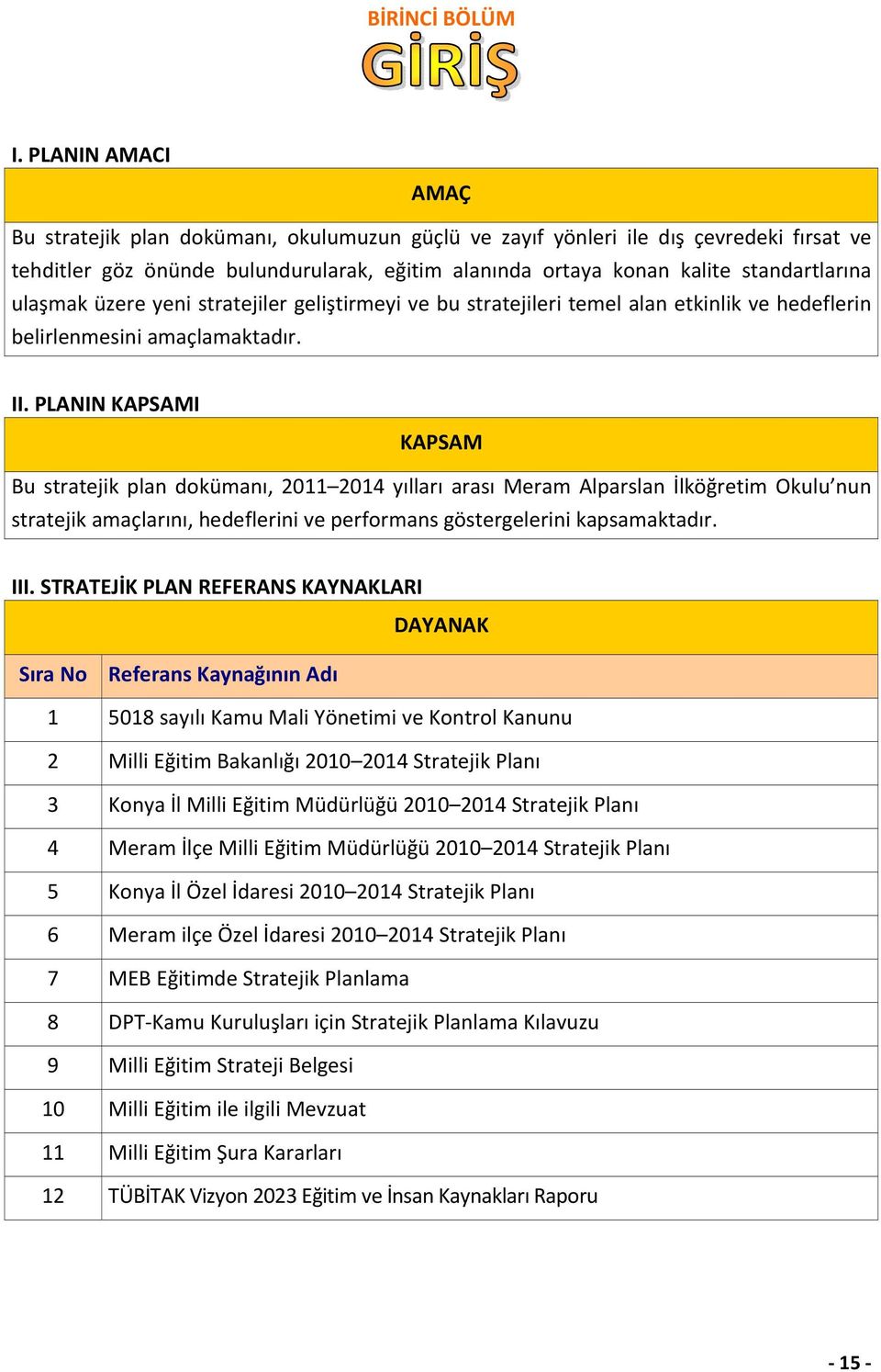 ulaşmak üzere yeni stratejiler geliştirmeyi ve bu stratejileri temel alan etkinlik ve hedeflerin belirlenmesini amaçlamaktadır. II.