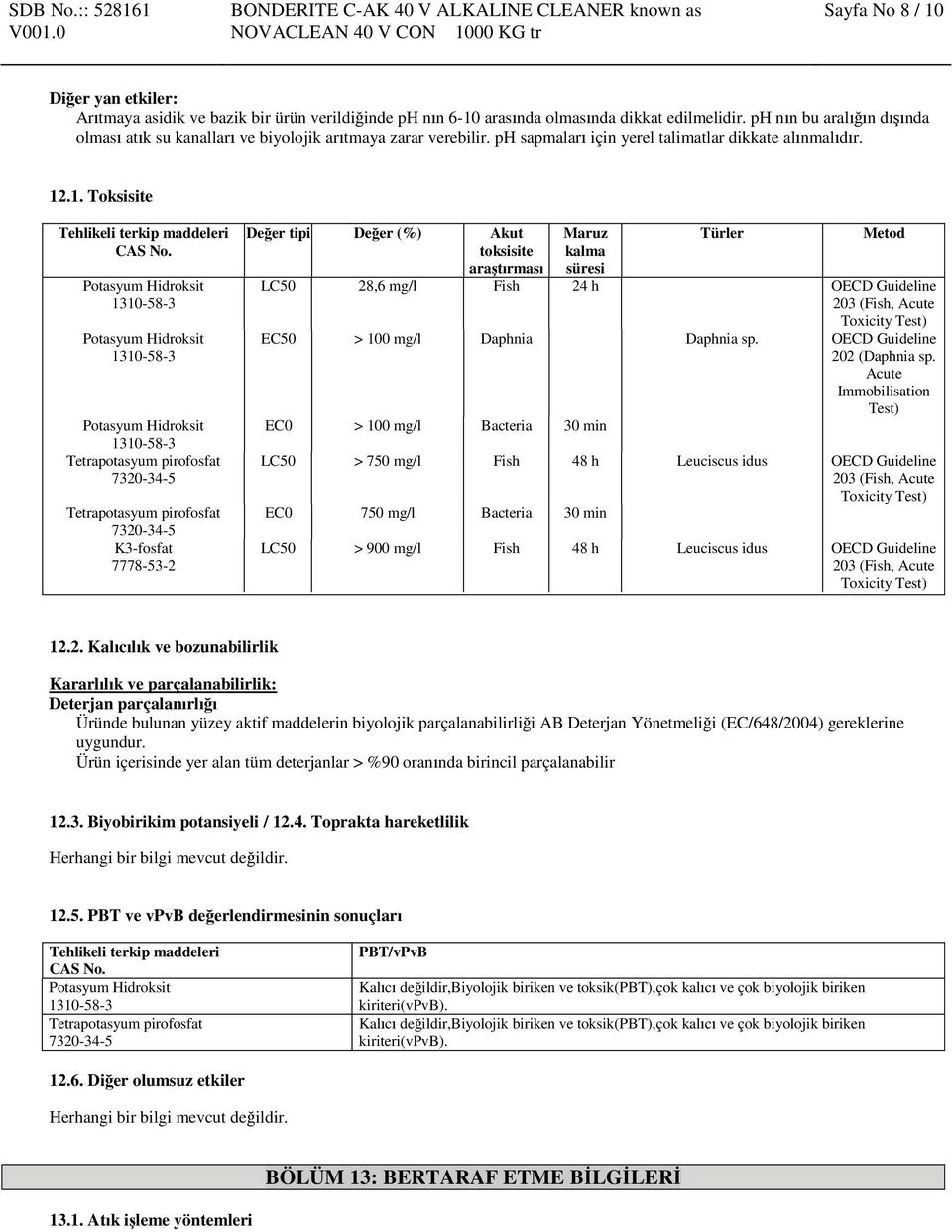 .1. Toksisite Tehlikeli terkip maddeleri K3-fosfat 7778-53-2 Değer tipi Değer (%) Akut toksisite araştırması Maruz kalma süresi Türler Metod LC50 28,6 mg/l Fish 24 h OECD Guideline 203 (Fish, Acute