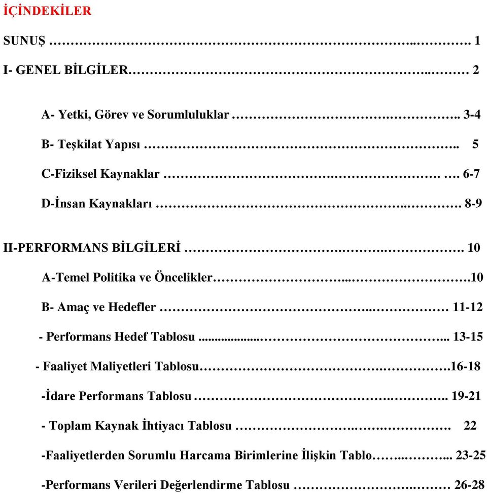 . 11-12 - Performans Hedef Tablosu...... 13-15 - Faaliyet Maliyetleri Tablosu..16-18 -İdare Performans Tablosu.