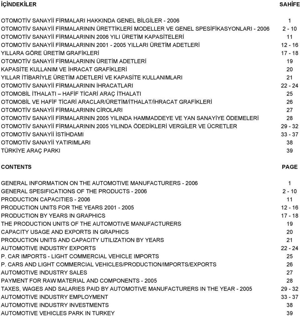 KULLANIM VE İHRACAT GRAFİKLERİ 20 YILLAR İTİBARİYLE ÜRETİM ADETLERİ VE KAPASİTE KULLANIMLARI 21 OTOMOTİV SANAYİİ FİRMALARININ İHRACATLARI 22-24 OTOMOBİL İTHALATI HAFİF TİCARİ ARAÇ İTHALATI 25