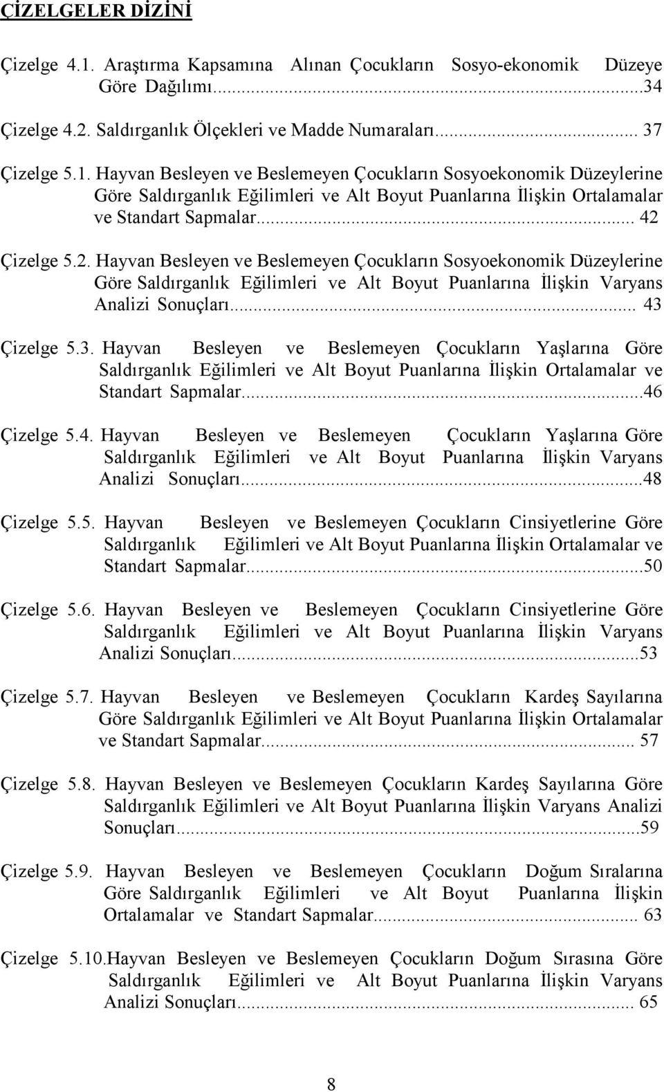 Çizelge 5.3. Hayvan Besleyen ve Beslemeyen Çocukların Yaşlarına Göre Saldırganlık Eğilimleri ve Alt Boyut Puanlarına İlişkin Ortalamalar ve Standart Sapmalar...46