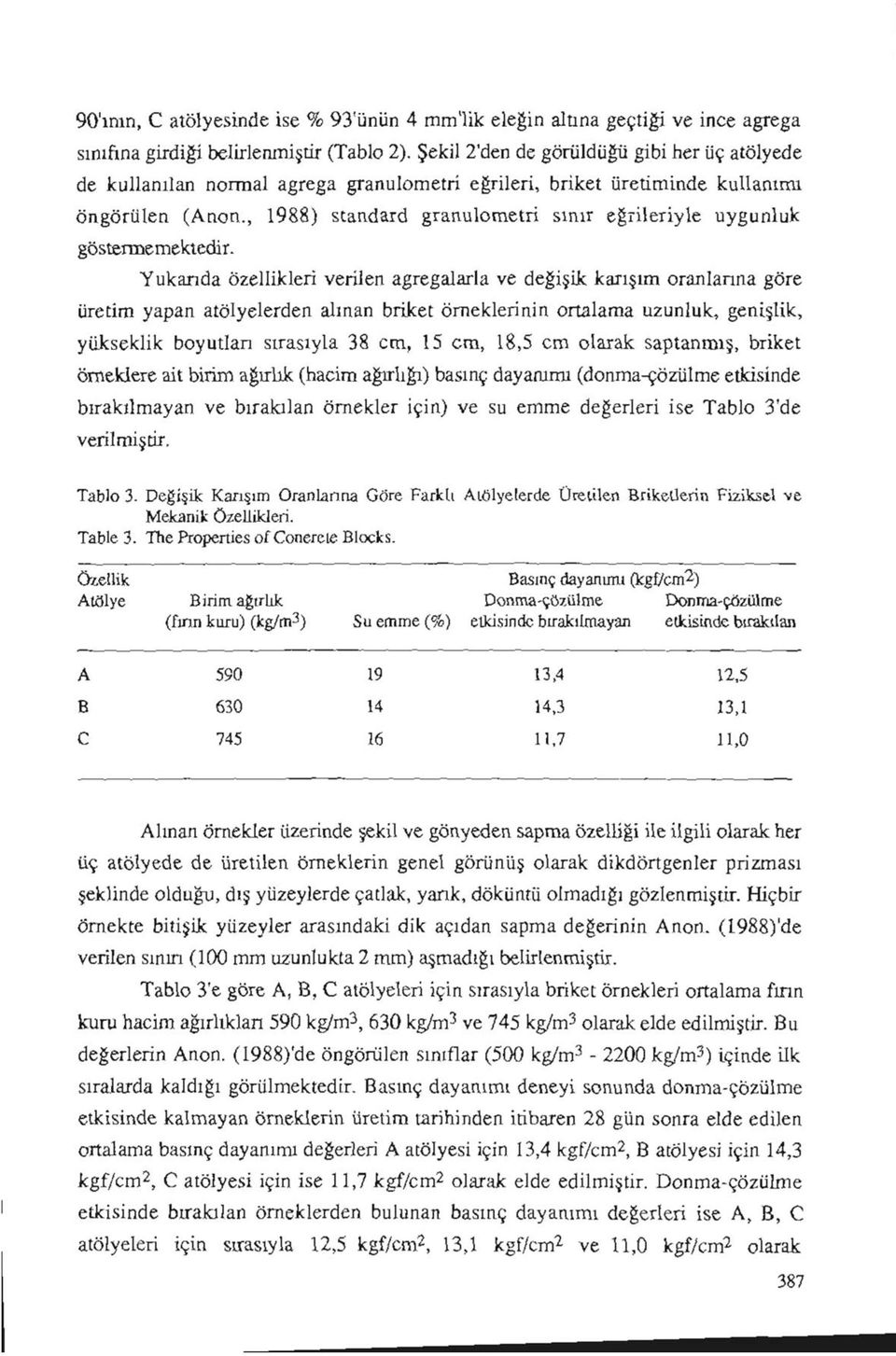 , 988) Standard granulometri sınır eğrileriyle uygunluk göstermemektedir.