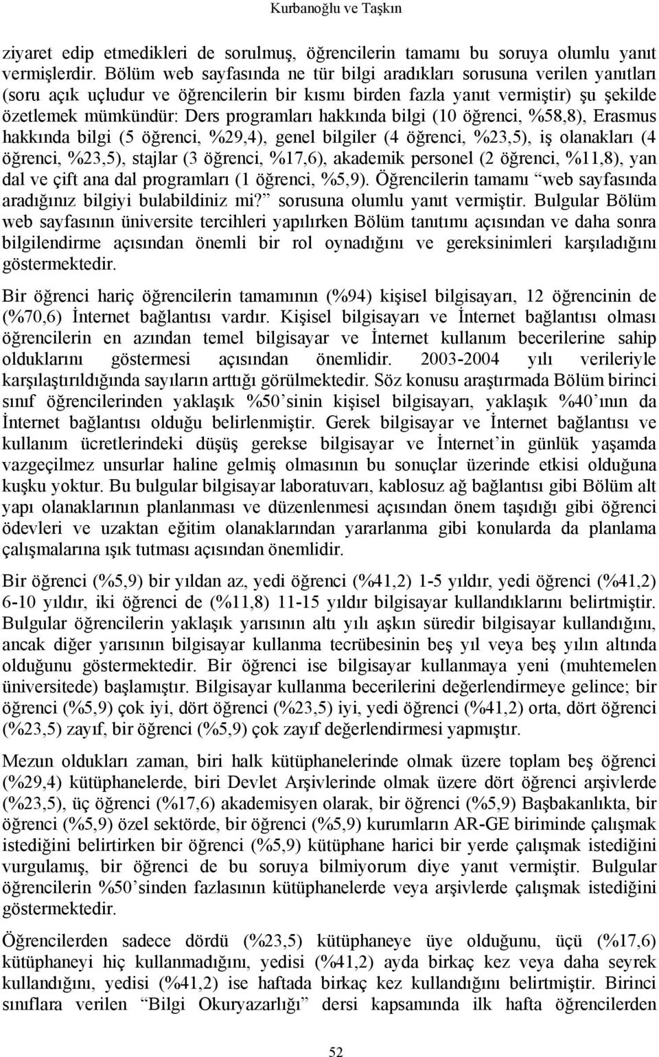 hakkında bilgi (10 öğrenci, %58,8), Erasmus hakkında bilgi (5 öğrenci, %29,4), genel bilgiler (4 öğrenci, %23,5), iş olanakları (4 öğrenci, %23,5), stajlar (3 öğrenci, %17,6), akademik personel (2