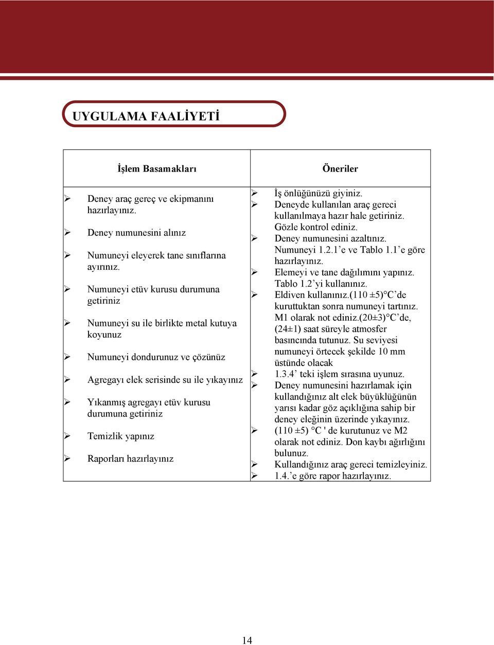 getiriniz Temizlik yapınız Raporları hazırlayınız Öneriler İş önlüğünüzü giyiniz. Deneyde kullanılan araç gereci kullanılmaya hazır hale getiriniz. Gözle kontrol ediniz. Deney numunesini azaltınız.