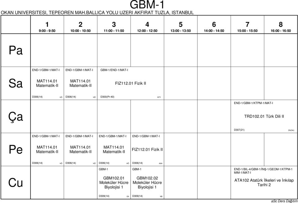 0 Türk Dili II D0() ZA(Okt) END-/GBM-/MAT-I END-/GBM-/MAT-I END-/GBM-/MAT-I END-/GBM-/MAT-I MAT.0 Matematik-II MAT.0 Matematik-II MAT.0 Matematik-II FIZ.