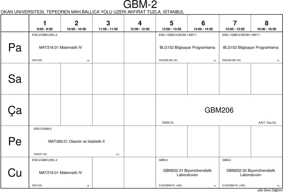GBM0 D0() AA(Y. Doç.Dr) END-/GBM- MAT.0 Olasılık ve İstatistik II D0(Pr-0) AFÖ END-/GBM-/BIL- GBM- GBM- MAT.