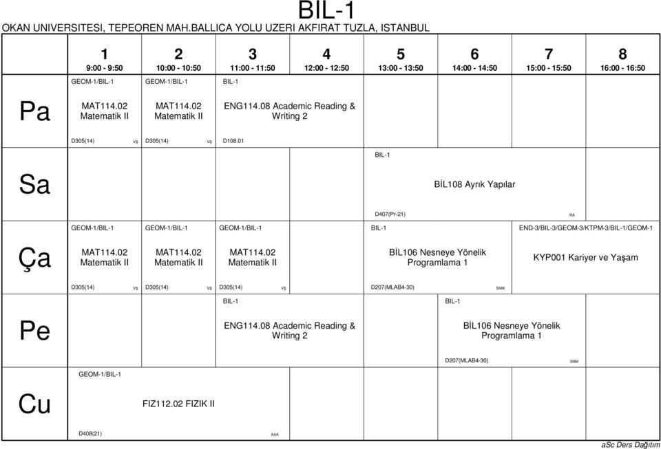 0 BIL- BİL0 Ayrık Yapılar D0(Pr-) RA GEOM-/BIL- GEOM-/BIL- GEOM-/BIL- BIL- END-/BIL-/GEOM-/KTPM-/BIL-/GEOM- MAT.0 Matematik II MAT.