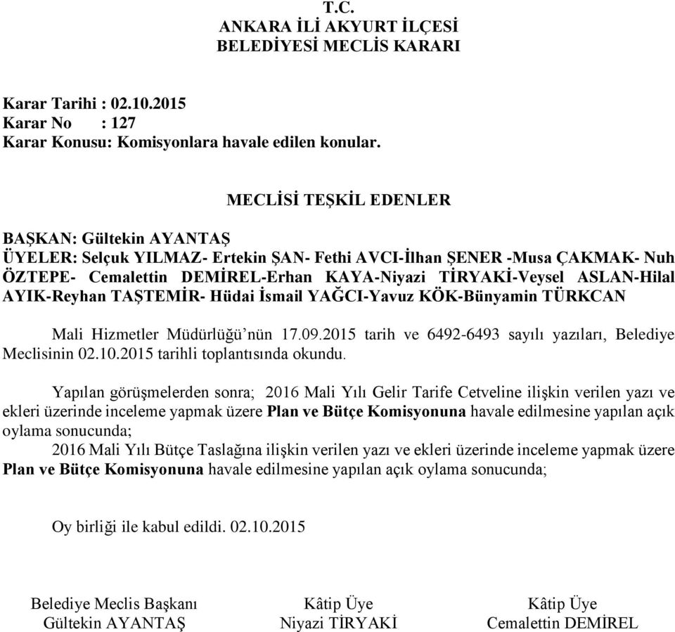 Yapılan görüşmelerden sonra; 2016 Mali Yılı Gelir Tarife Cetveline ilişkin verilen yazı ve ekleri üzerinde inceleme yapmak üzere Plan ve Bütçe Komisyonuna havale edilmesine