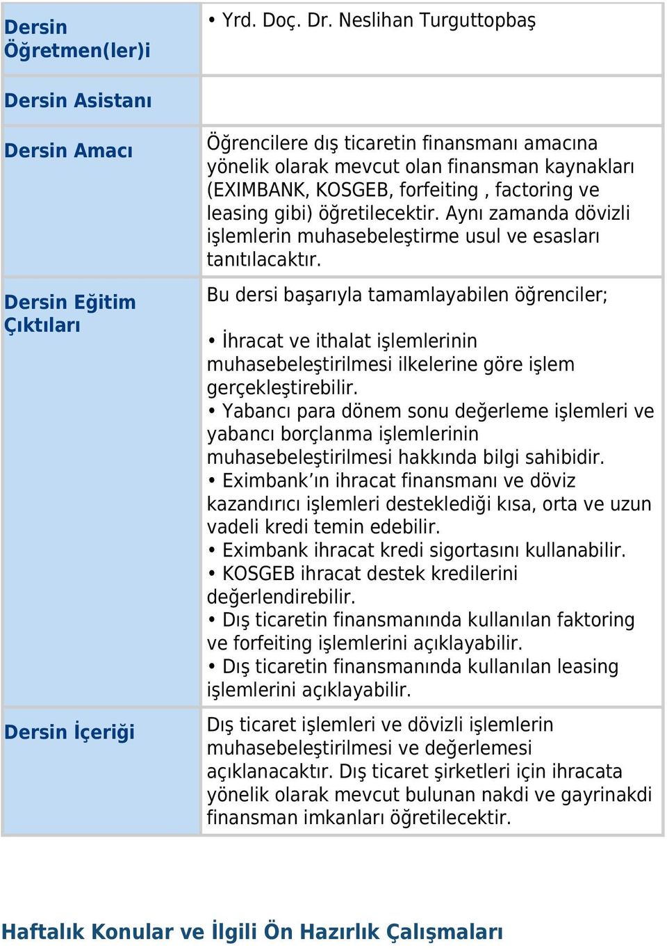 KOSGEB, forfeiting, factoring ve leasing gibi) öğretilecektir. Aynı zamanda dövizli işlemlerin muhasebeleştirme usul ve esasları tanıtılacaktır.