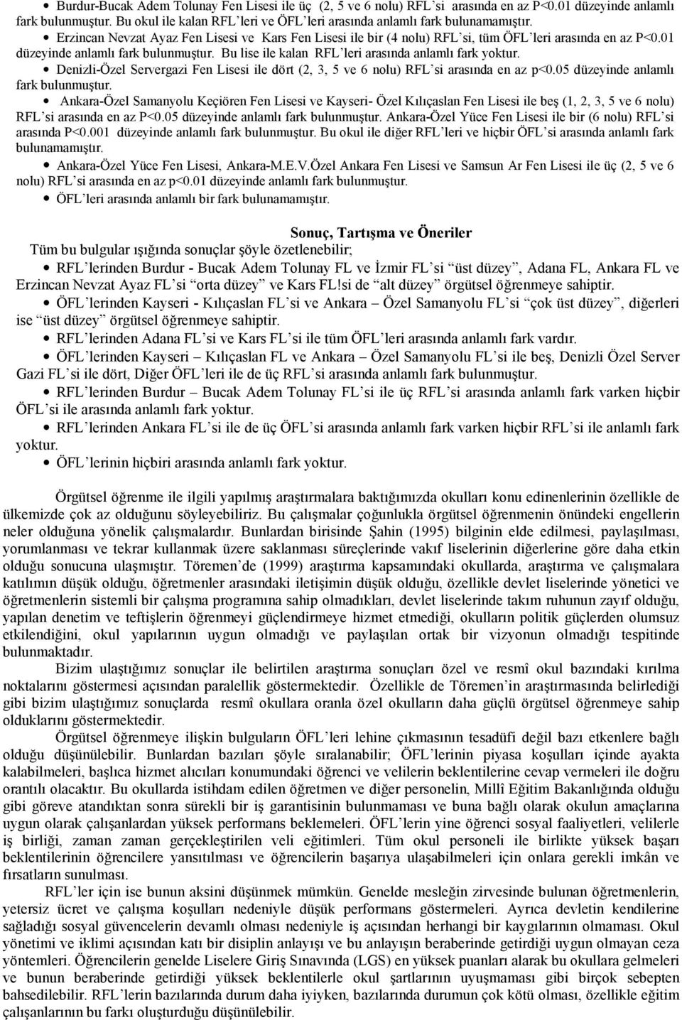 Denizli-Özel Servergazi Fen Lisesi ile dört (2, 3, 5 ve 6 nolu) RFL si arasnda en az p<0.05 düzeyinde anlaml fark bulunmutur.