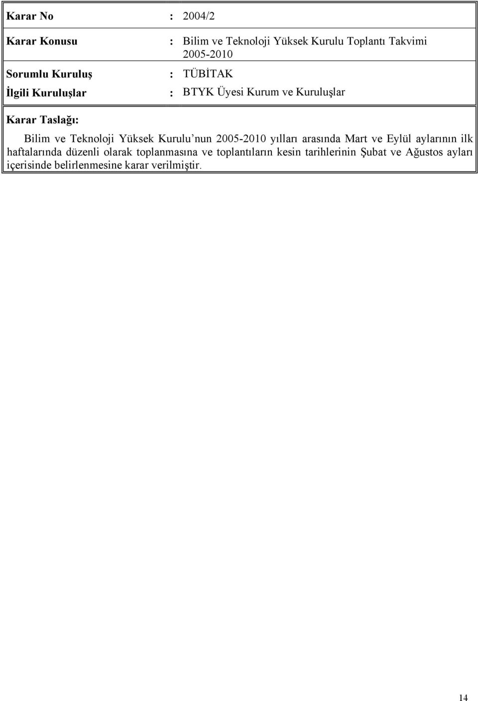 Yüksek Kurulu nun 2005-2010 yılları arasında Mart ve Eylül aylarının ilk haftalarında düzenli olarak