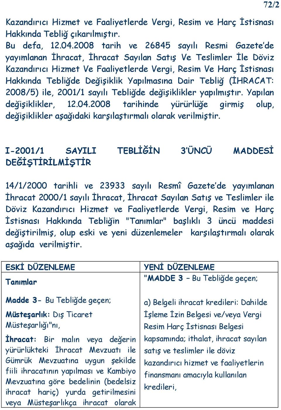 Değişiklik Yapılmasına Dair Tebliğ (ĐHRACAT: 2008/5) ile, 2001/1 sayılı Tebliğde değişiklikler yapılmıştır. Yapılan değişiklikler, 12.04.