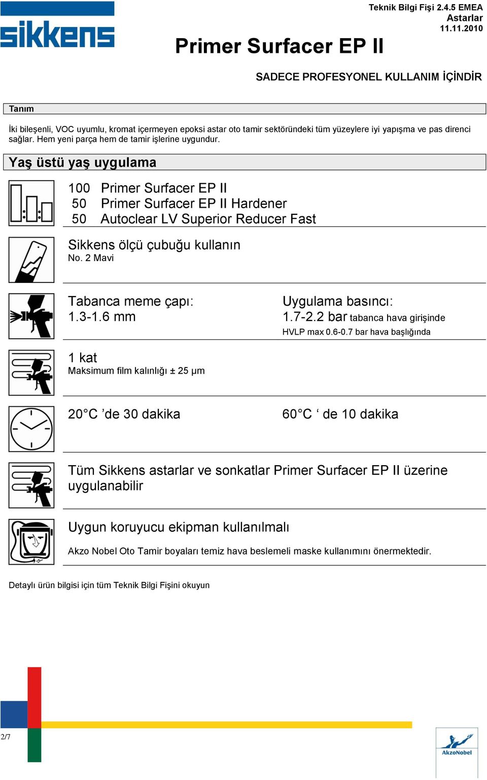 2 bar tabanca hava girişinde 1 kat Maksimum film kalınlığı ± 25 µm HVLP max 0.6-0.