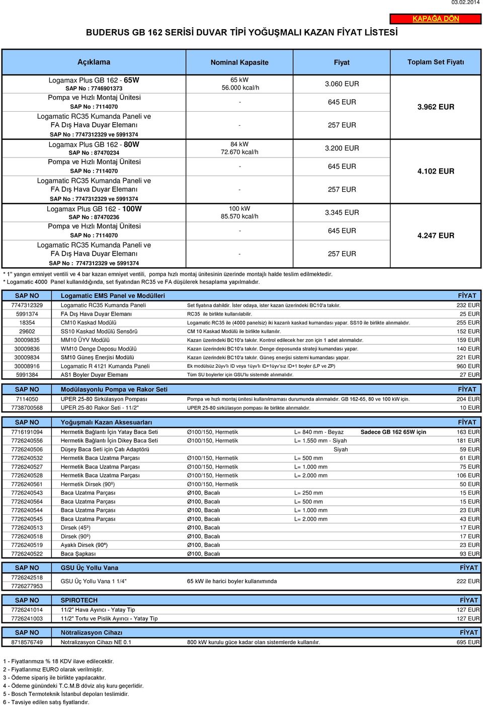 * Logamatic 4000 Panel kullanıldığında, set fiyatından RC35 ve FA düşülerek hesaplama yapılmalıdır. 3.