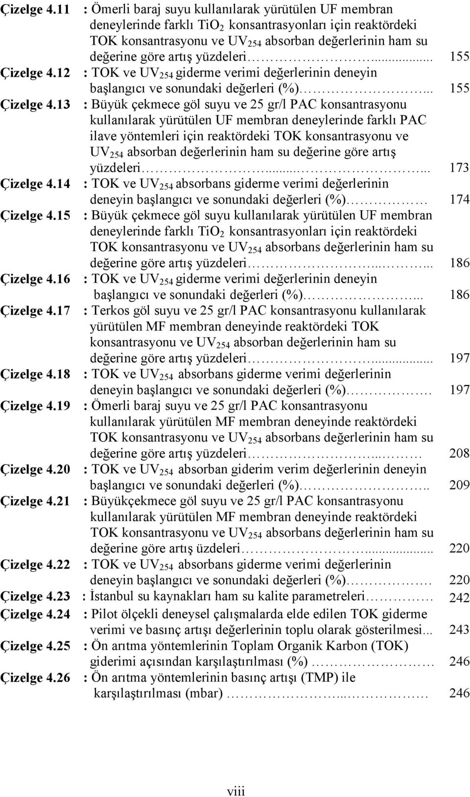 yüzdeleri... 155 12 : TOK ve UV 254 giderme verimi değerlerinin deneyin başlangıcı ve sonundaki değerleri (%).