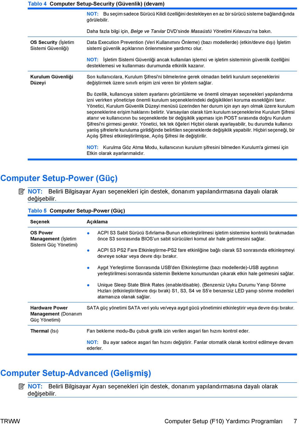 OS Security (İşletim Sistemi Güvenliği) Data Execution Prevention (Veri Kullanımını Önleme) (bazı modellerde) (etkin/devre dışı) İşletim sistemi güvenlik açıklarının önlenmesine yardımcı olur.