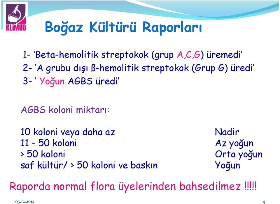 koloni veya daha az Nadir 11 50 koloni Az yoğun > 50 koloni Orta yoğun saf kültür/ >