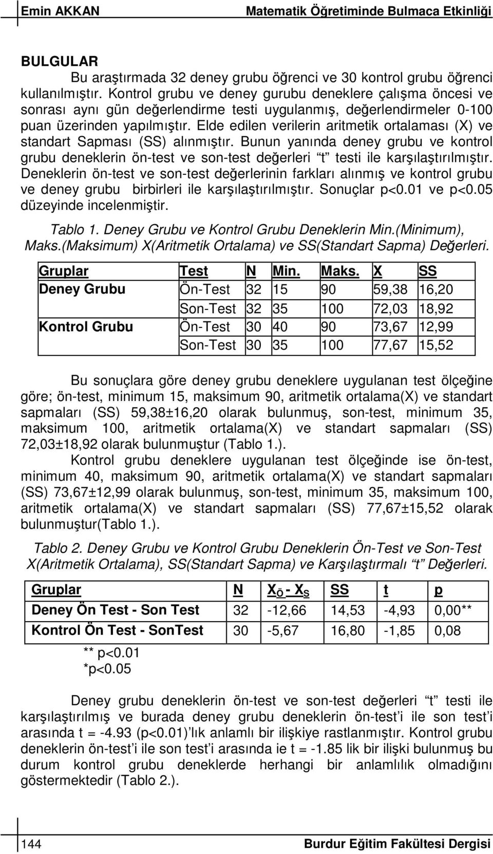 Elde edilen verilerin aritmetik ortalaması (X) ve standart Sapması (SS) alınmıtır. Bunun yanında deney grubu ve kontrol grubu deneklerin ön-test ve son-test deerleri t testi ile karılatırılmıtır.