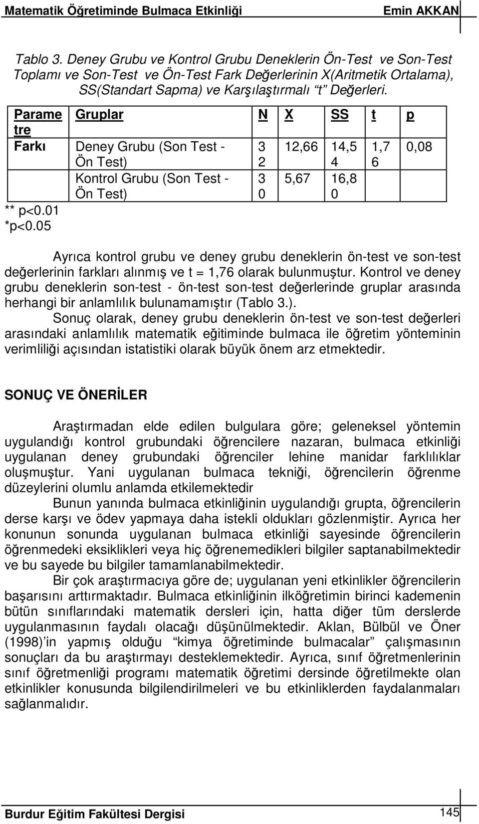 05 Ayrıca kontrol grubu ve deney grubu deneklerin ön-test ve son-test deerlerinin farkları alınmı ve t = 1,76 olarak bulunmutur.