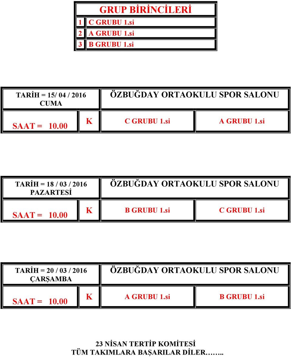 si TARİH = 18 / 03 / 2016 PAZARTESİ ÖZBUĞDAY ORTAOKULU SPOR SALONU SAAT = 10.00 K B GRUBU 1.si C GRUBU 1.