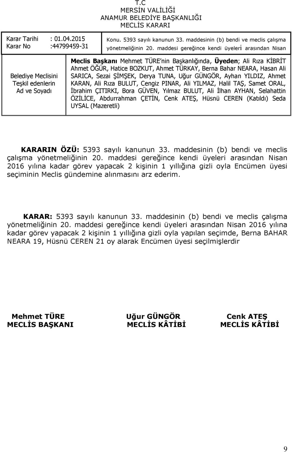 ederim. TUNA, Uğur GÜNGÖR, Ayhan YILDIZ, Ahmet KARARIN ÖZÜ: 5393 sayılı kanunun 33. maddesinin (b) bendi ve meclis çalıģma yönetmeliğinin 20.