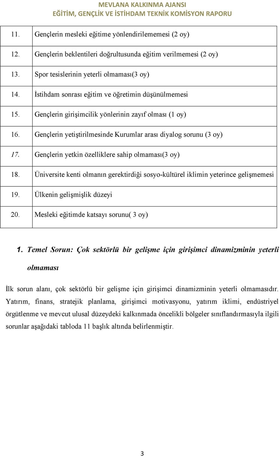 Gençlerin yetkin özelliklere sahip olmaması(3 oy) 18. Üniversite kenti olmanın gerektirdiği sosyo-kültürel iklimin yeterince gelişmemesi 19. Ülkenin gelişmişlik düzeyi 20.