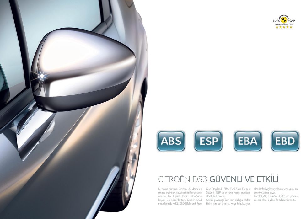 Bu nedenle tüm Citroën DS3 modellerinde ABS, EBD (Elektronik Fren Güç Dağılımı), EBA (Acil Fren Destek Sistemi), ESP ve 6 hava yastığı