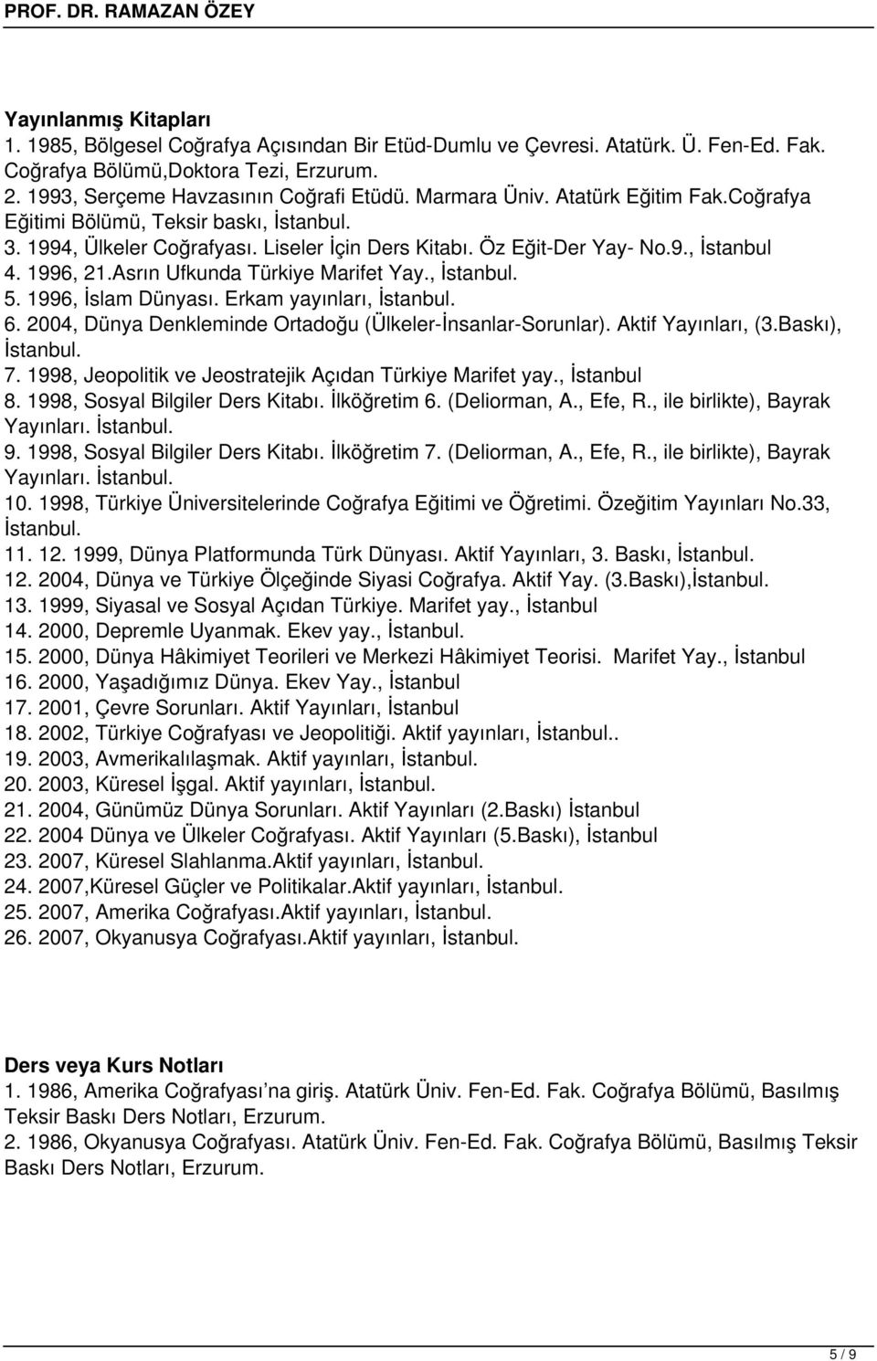 Asrın Ufkunda Türkiye Marifet Yay., 5. 1996, İslam Dünyası. Erkam yayınları, 6. 2004, Dünya Denkleminde Ortadoğu (Ülkeler-İnsanlar-Sorunlar). Aktif Yayınları, (3.Baskı), 7.