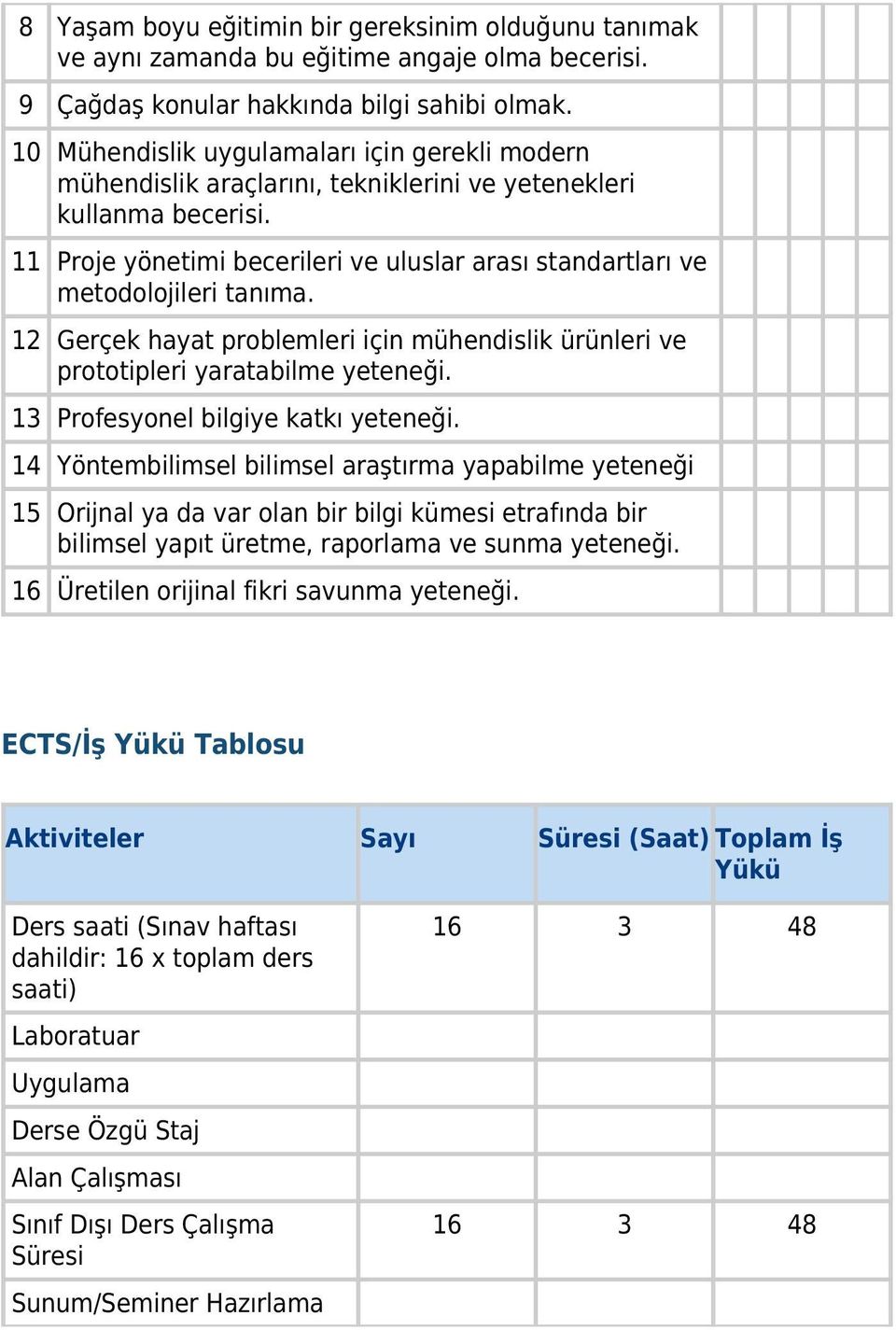 11 Proje yönetimi becerileri ve uluslar arası standartları ve metodolojileri tanıma. 12 Gerçek hayat problemleri için mühendislik ürünleri ve prototipleri yaratabilme yeteneği.