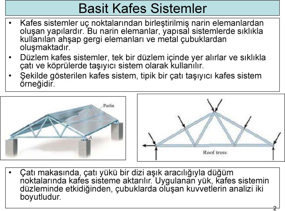 Düzlem kafes sistemler, tek bir düzlem içinde yer alırlar ve sıklıkla çatı ve köprülerde taşıyıcı sistem olarak kullanılır.