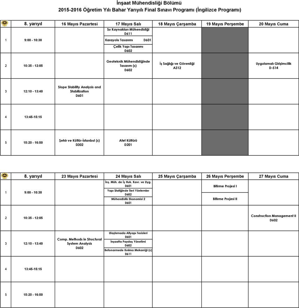 Girişimcilik D-514 Slope Stability Analysis and Stabilization 5 15:20-16:50 Şehir ve Kültür-İstanbul (s) D302 Afet Kültürü D201 1 8. yarıyıl 9:00-10:30 İnş. Müh. de İş Huk.