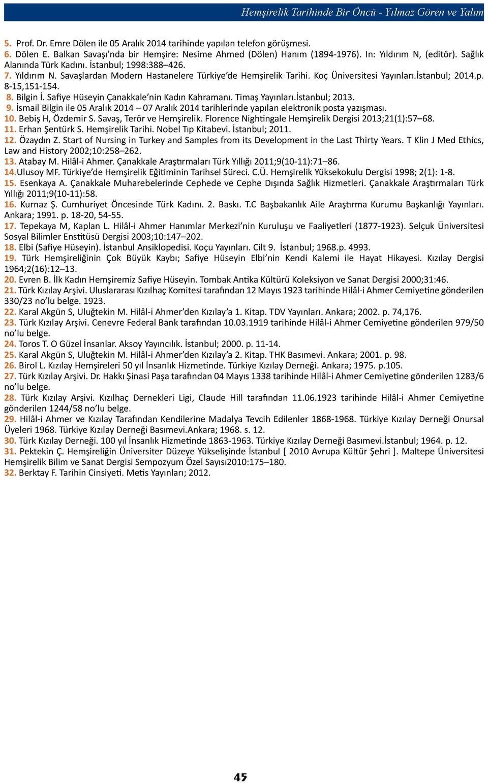 Koç Üniversitesi Yayınları.İstanbul; 2014.p. 8-15,151-154. 8. Bilgin İ. Safiye Hüseyin Çanakkale nin Kadın Kahramanı. Timaş Yayınları.İstanbul; 2013. 9.