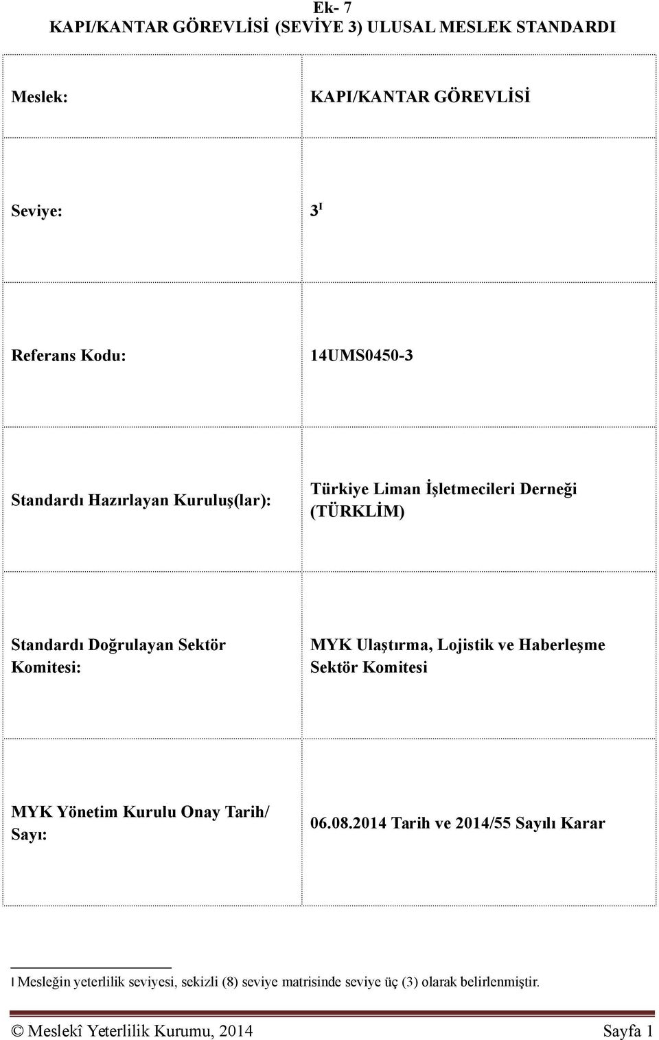 MYK Ulaştırma, Lojistik ve Haberleşme Sektör Komitesi MYK Yönetim Kurulu Onay Tarih/ Sayı: 06.08.