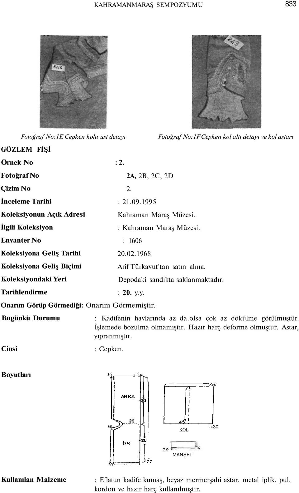 09.1995 Kahraman Maraş Müzesi. Fotoğraf No:1F Cepken kol altı detayı ve kol astarı : Kahraman Maraş Müzesi. : 1606 20.02.1968 Arif Türkavut'tan satın alma. Depodaki sandıkta saklanmaktadır. : 20. y.y. Onarım Görüp Görmediği: Onarım Görmemiştir.