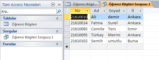 Şekil 14. Sorgu Adı Belirleme Ekranı Bu adımlardan sonra Şekil 15 teki gibi sorgunuz bitmiş ve sonuçları gösterir surumda olacak.