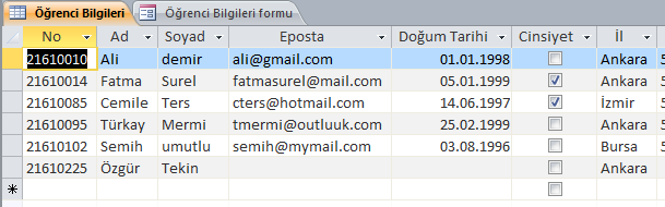 Şekil 24. Sorgu sonucu 1.4. Form Oluşturma ve Form Kullanma Formlar, satır ve sütunlar şeklinde görünen tablolara veri girmeyi daha kolaylaştırmak için yapılmış yapılardır.