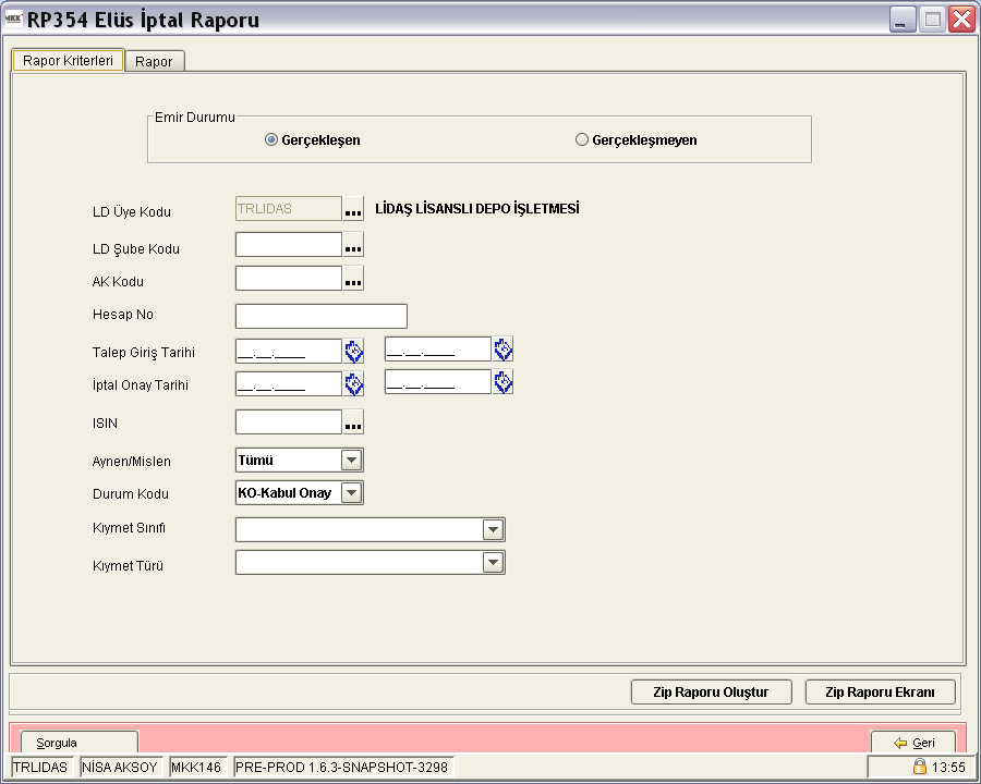 Alan Açıklamaları: Emir Durumu : Gerçekleşen ve gerçekleşmeyen emir durumunun seçildiği alan LD Üye Kodu: Lisanslı depo üye kodu bilgisi. LD Şube Kodu: Lisanslı depo şube kodu bilgisi.