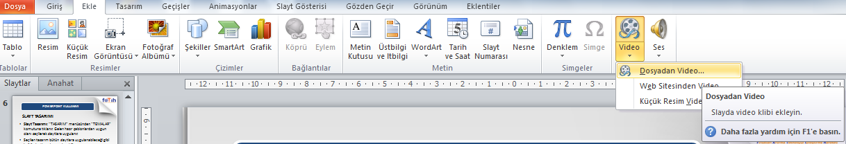 Slayt üstünde video dosyasının