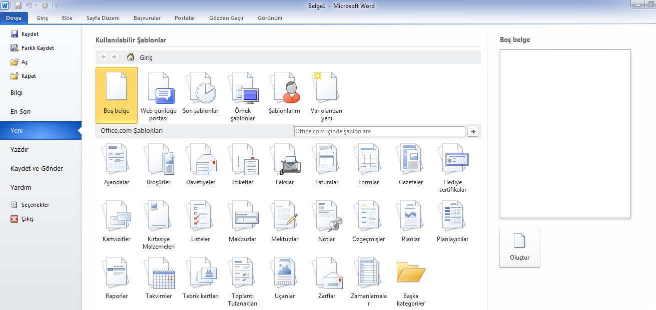 Şablonlar KAYITLI OLAN BELGEYİ AÇMA Daha önce hazırladığımız ve kaydettiğimiz bir belgeyi açmak (diskten belge çağırmak) için aşağıdaki yöntemleri izleyebiliriz. 1. Dosya sekmesine tıklayınız.
