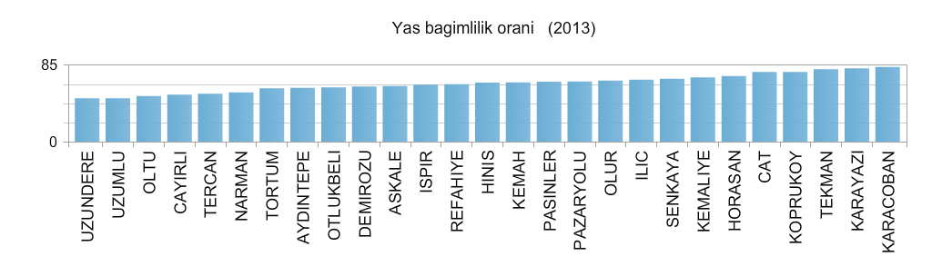 Erzincan ın ilçeleri %85 ten düşük yaş bağımlılık oranına sahiptir. Yaşlı nüfusu fazla olan Kemaliye ilçesi en fazla yaş bağımlık oranına sahip ilçesidir (Şekil 7). Şekil 7.