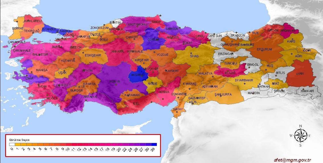 2015 yılında en fazla afet 39 ile İstanbul, Aksaray ve Çorum illerimizde olmuştur. İzmir ve Antalya da 27 olay, Konya da ise 30 olay gerçekleşmiştir.