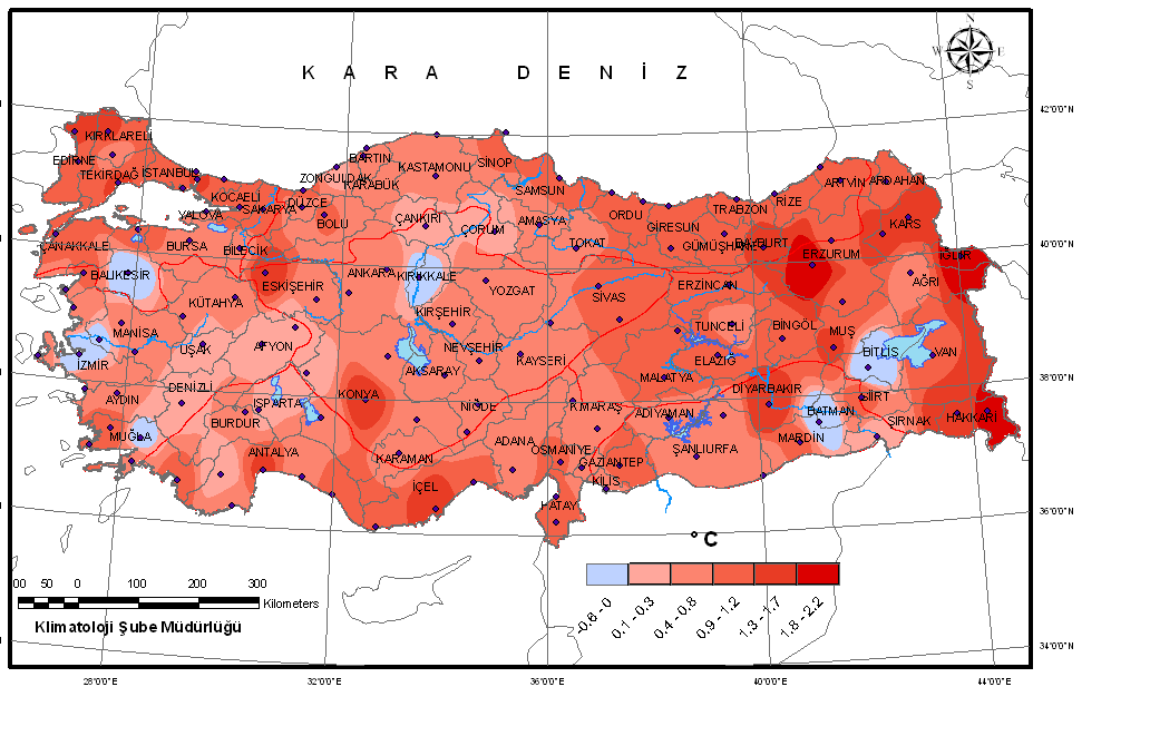 2. Sıcaklık Türkiye 2015 yılı ortalama sıcaklığı 14.3 C ile 1981-2010 normali olan 13.5 C nin 0.8 C üzerinde gerçekleşmiştir.