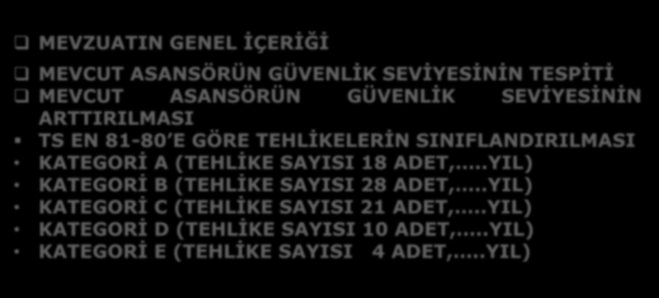 MEVZUATIN GENEL İÇERİĞİ MEVCUT ASANSÖRÜN GÜVENLİK SEVİYESİNİN TESPİTİ MEVCUT ASANSÖRÜN GÜVENLİK SEVİYESİNİN ARTTIRILMASI TS EN 81-80 E GÖRE TEHLİKELERİN SINIFLANDIRILMASI KATEGORİ A (TEHLİKE