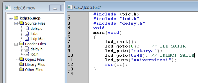 PIC- C: Hazır fonksiyon kullanarak 4 bitlik LCD ye yazı yazmak Kod Değişikliği: Hitech klasörünün altındaki LCDemo klasörü içerisindeki «lcd.