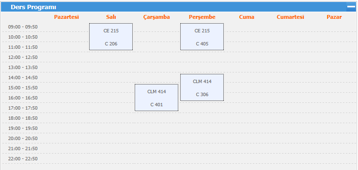 8.Ders Programı Resim 10: Ders Programı Bölümü Bu bölümde öğrenciler kayıtlandıkları derslere göre oluşan haftalık programlarını görebilirler.