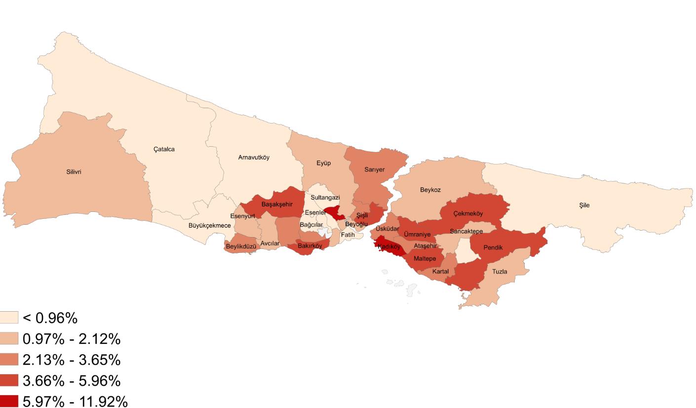 çeyrek dönemi sonuçlarına göre, 39 ilçe arasında en çok taşınan ilçe %12 oran ile Kadıköy