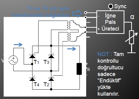 1 Fazlı Tam Kontrollü Köprü Doğrultucu (endüktif yükte): Şekilde 1 fazlı tam dalga tam kontrollü köprü doğrultucu devre bağlantısı