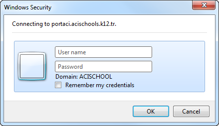 Kullanıcı adı ve şifresi girilir. Bu kullanıcı ve şifre adı okulun mailleri ve bilgisayarı açmak için kullanılan ile aynıdır. Kullanıcı adı alanına yazarken öncelikle ACISCHOOL\ eklenir.