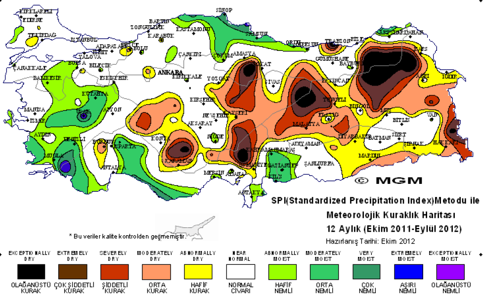 Şekil 2: SPI Metodu ile 2011 2012 Tarım Yılı 12 Aylık Kuraklık Değerlendirmesi Kaynak: Türkiye nin 2011 2012